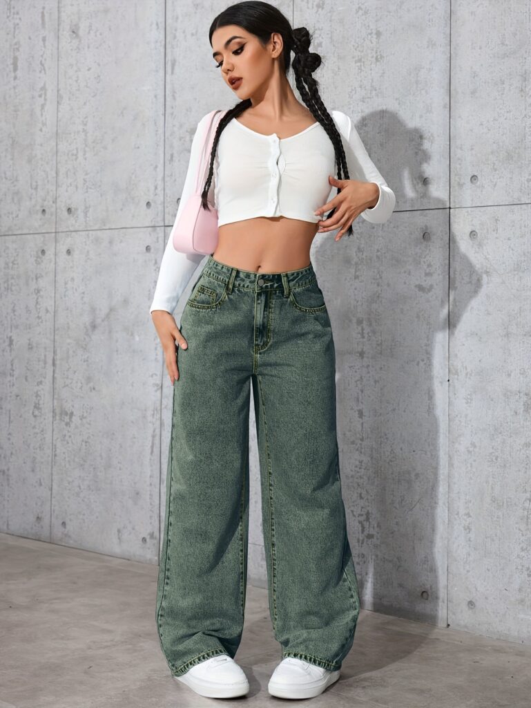 Newness Effortless Chic Wide Leg Jeans: A model effortlessly rocks our wide-leg jeans, perfect for any season.