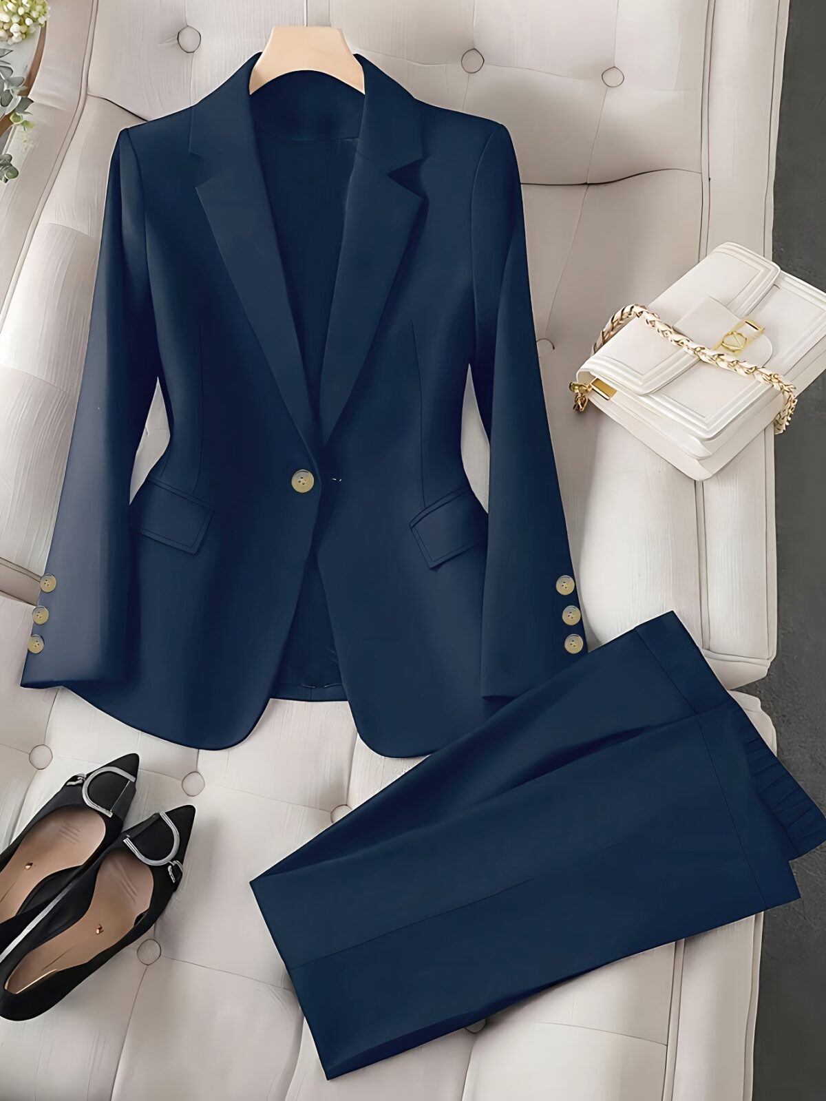Navy blue womens business blazer Corporate Chic style versatile for office formal events or casual wear