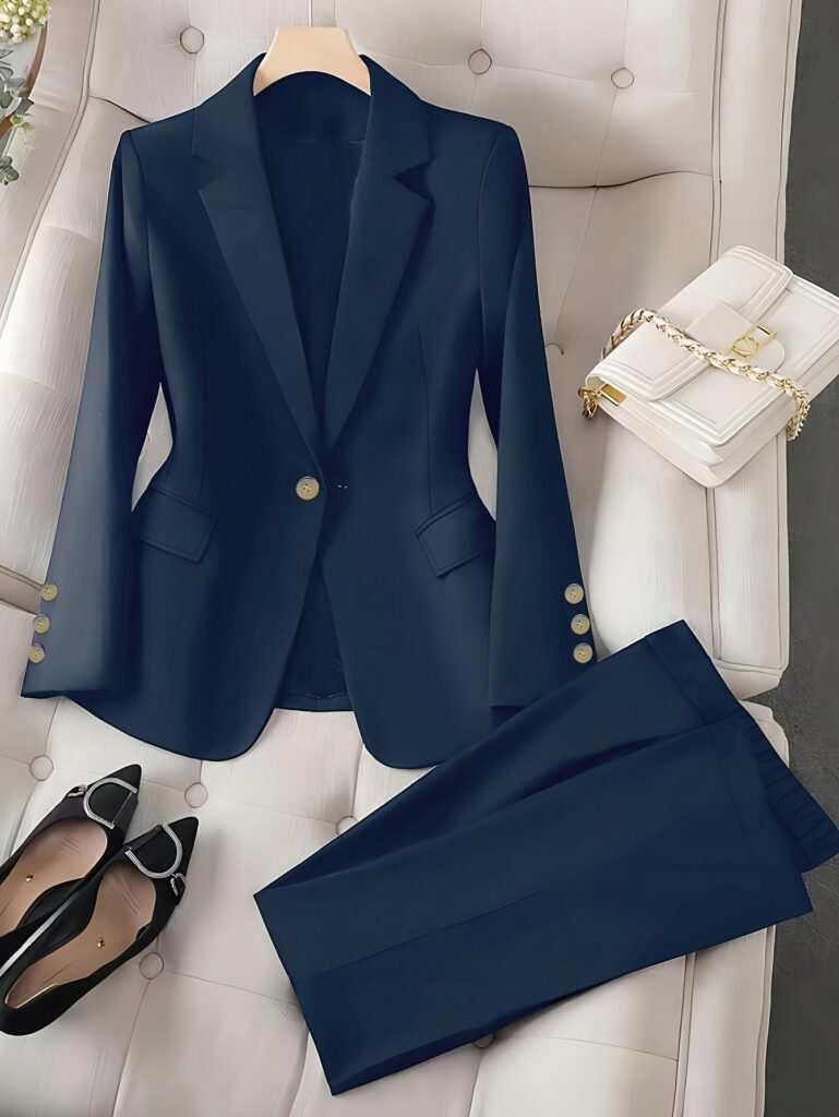 Navy blue women's business blazer, Corporate Chic style, versatile for office, formal events, or casual wear.