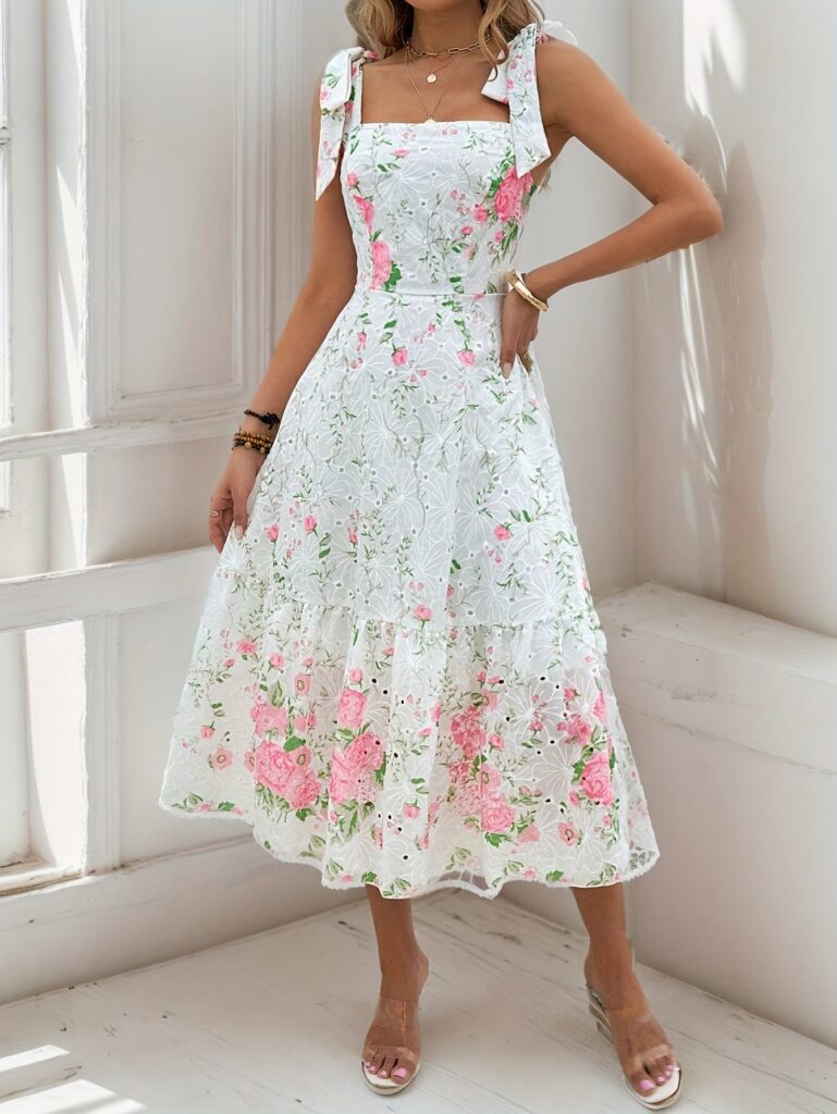 Effortlessly chic women's Summer Solstice floral print maxi dress, perfect for summer vacations and beyond.