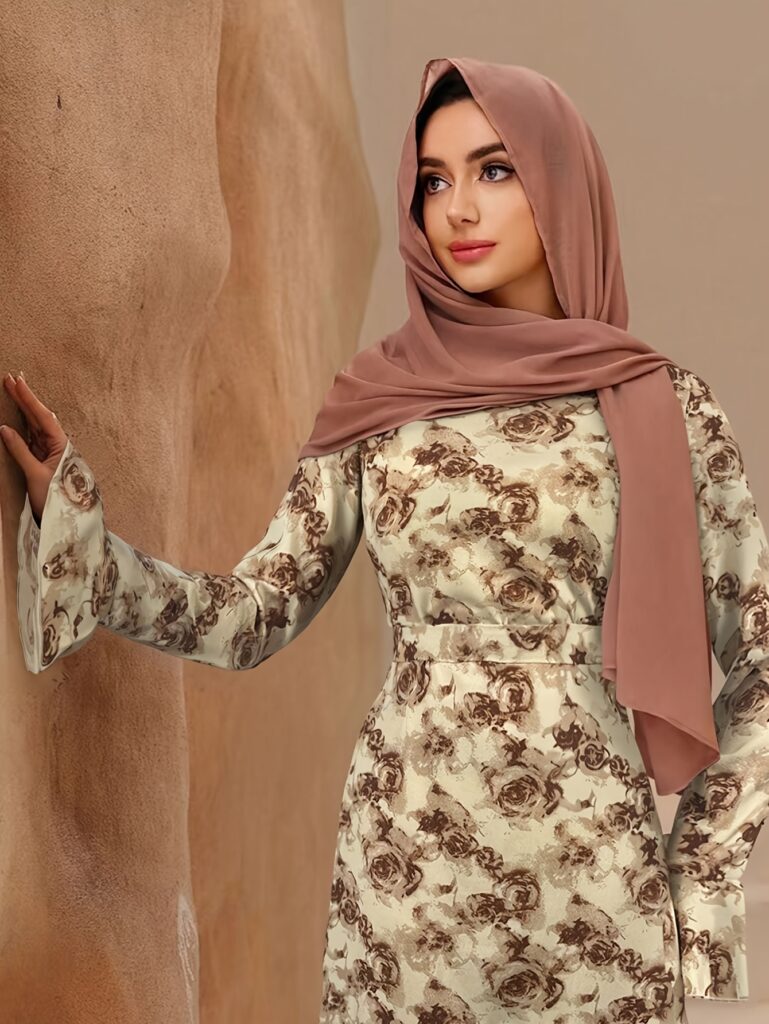 Model wearing the Newness Ethereal Dusk Floral Print Dress, a chic and sophisticated floral dress perfect for any occasion.