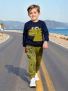 Stylish boys dinosaur print sweatshirt and pants set perfect for active play Features a vibrant dinosaur print on a comfortable versatile outfit suitable for school playtime and everyday wear Ages 4 7