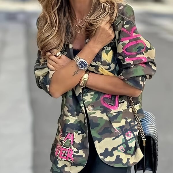 Flattering H silhouette womens camo print blazer jacket perfect for casual or formal wear