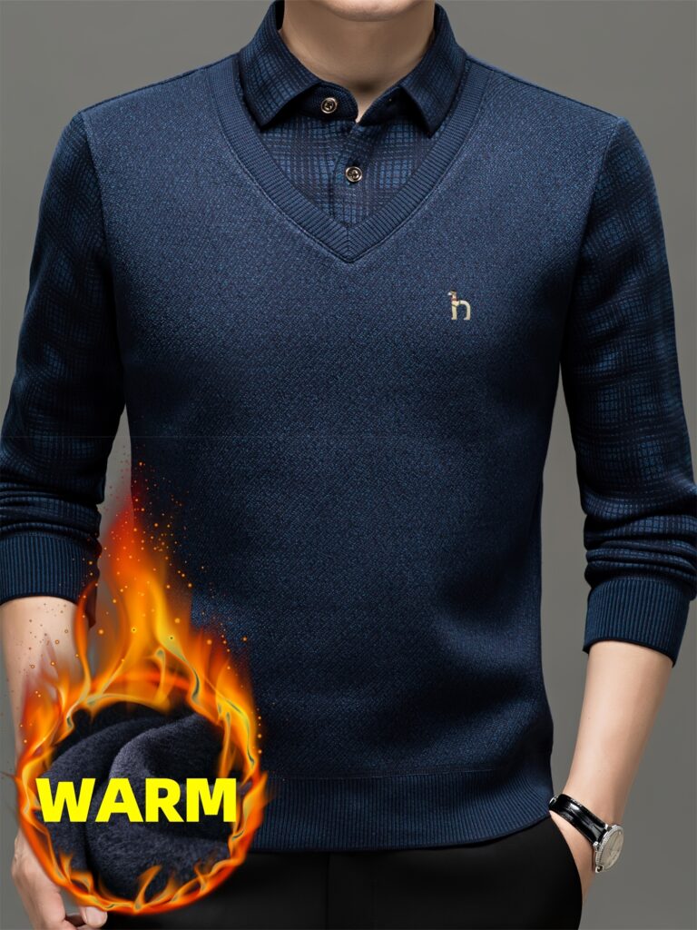 Men's warm knitted polo shirt in three colors, perfect for autumn. Stylish pullover with a unique design offering added warmth.