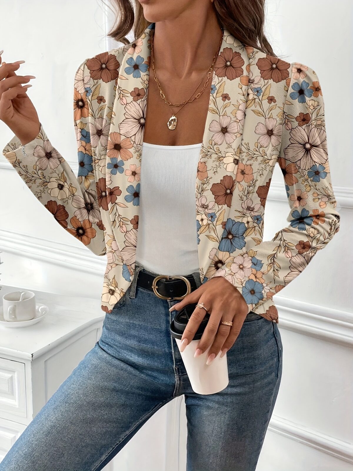 Womens Spring Breeze Floral Print Open Front Blazer in vibrant floral pattern lightweight and loose fitting perfect for spring and summer