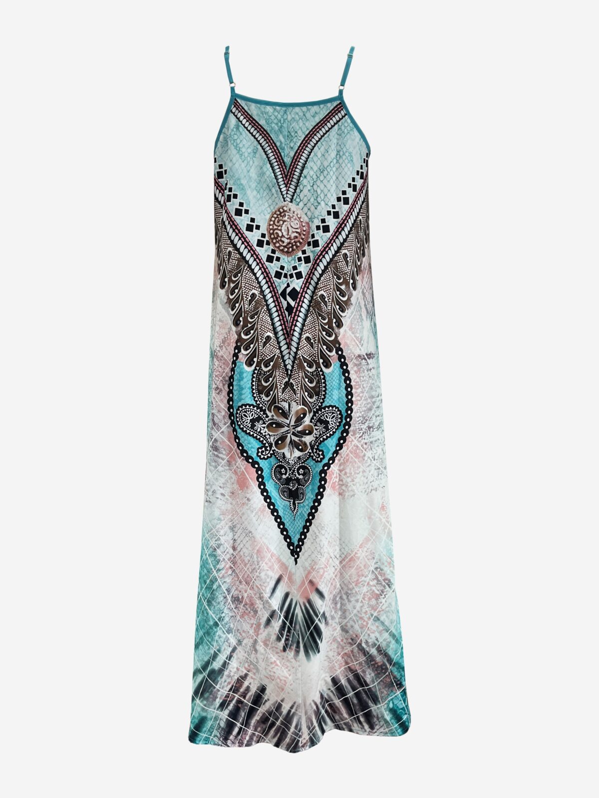 Effortlessly chic Casablanca Tribal Print Maxi Dress Set from Newness perfect for vacations or casual dates Features a flowing maxi dress with a vibrant tribal print