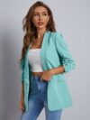 Modern Muse Womens Light Blue Casual Office Blazer a versatile light blue blazer perfect for the office or casual wear Flattering silhouette Model wearing a light blue blazer