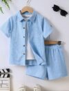 Adorable boy playing outdoors wearing the Newness Summer Breeze Boys Casual Short Set The set is comfortable and perfect for playtime