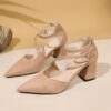 Womens beige pointed toe Mary Jane heels with a chunky block heel Faux leather interior Elegant and versatile