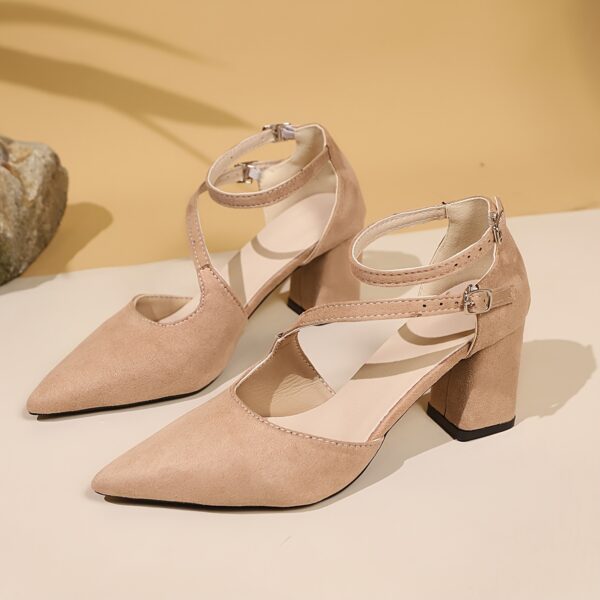 Womens beige pointed toe Mary Jane heels with a chunky block heel Faux leather interior Elegant and versatile