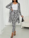 The Newness Chic Houndstooth Pant Set a stylish and modern two piece outfit perfect for spring Features a houndstooth print on both the pants and coordinating top