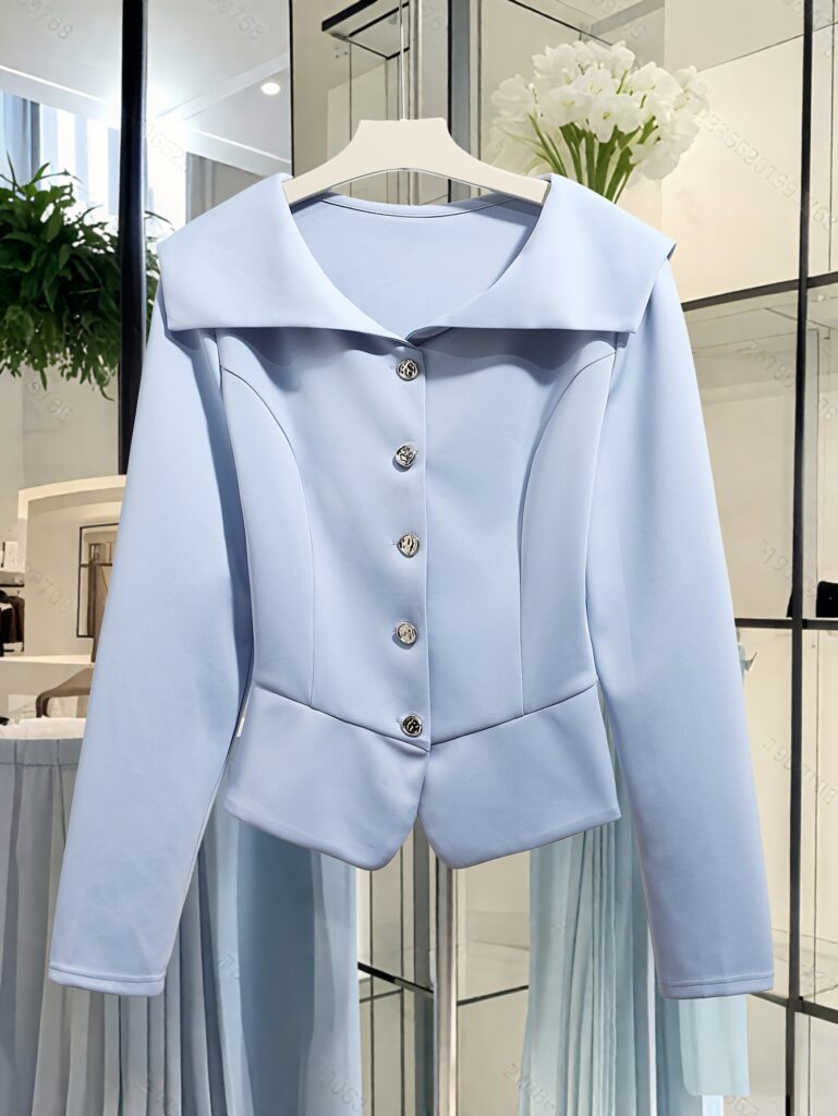 Skyline Chic Elegant Light Blue Blazer for Women. Flattering fit, timeless appeal. Perfect for any occasion.