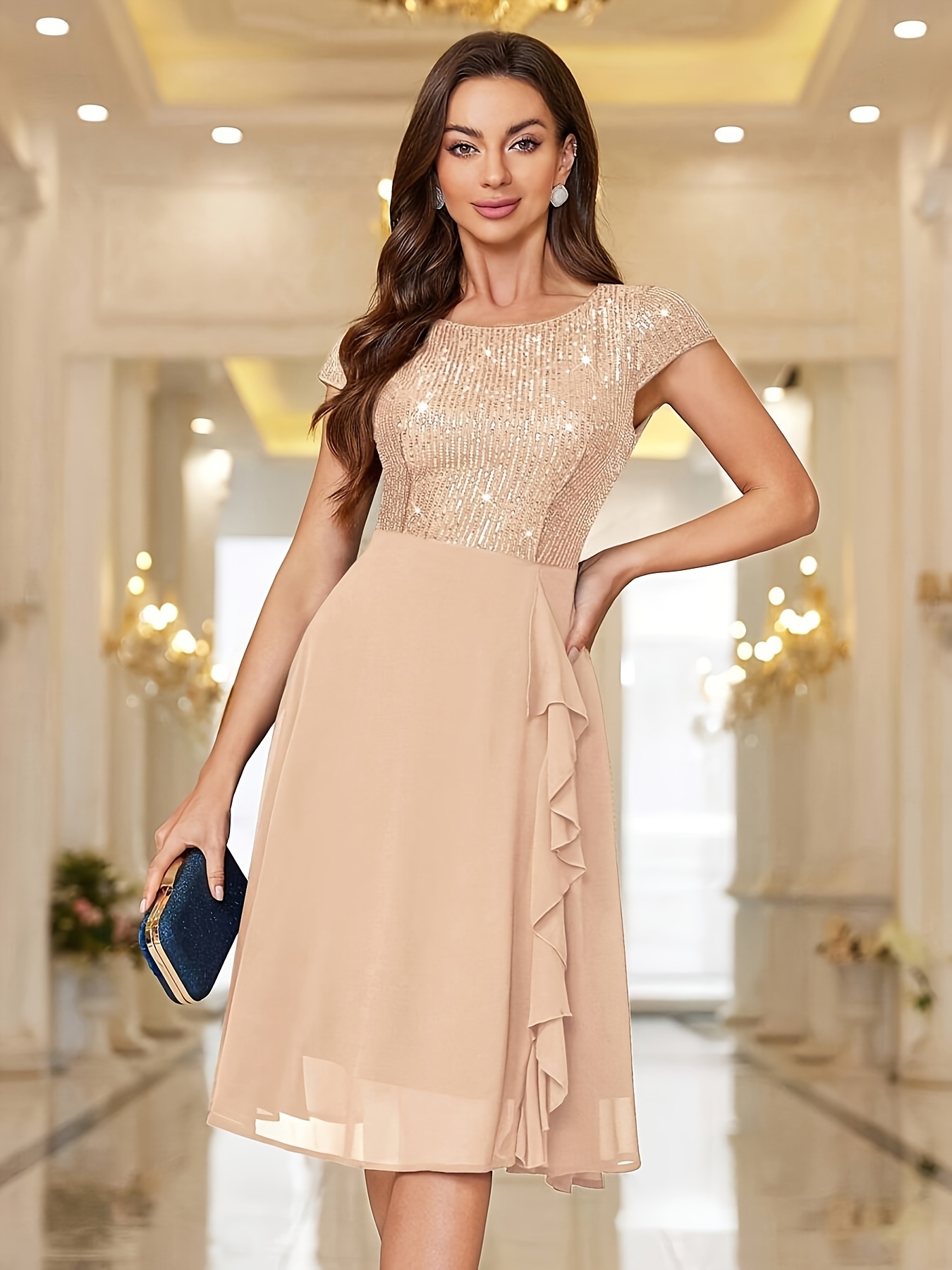 Women's Black Sequin Embellished Bodycon Dress - Middle Eastern-Inspired A-Line Midi Dress with Short Sleeves & Round Neck, Hand Washable Elegant Formal Party Wear, Sequin Party Dress, Galas And Events, No Stretch Material