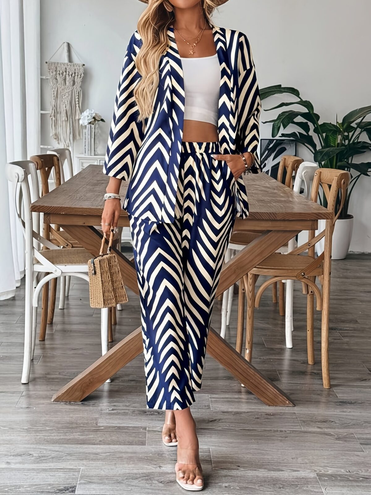 Stylish woman wearing a chic geometric print two piece set perfect for summer and fall The outfit features a flattering silhouette and vibrant print