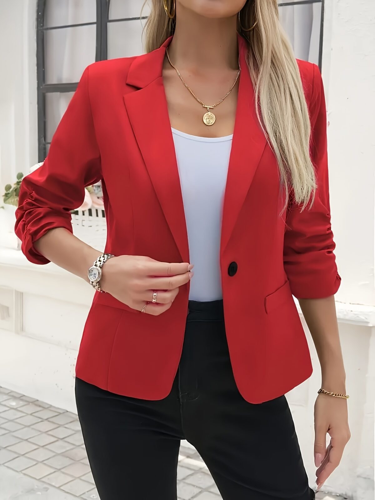 Crimson Chic Stylish Red Womens Blazer   Flattering three quarter sleeves loose fit lightweight polyester