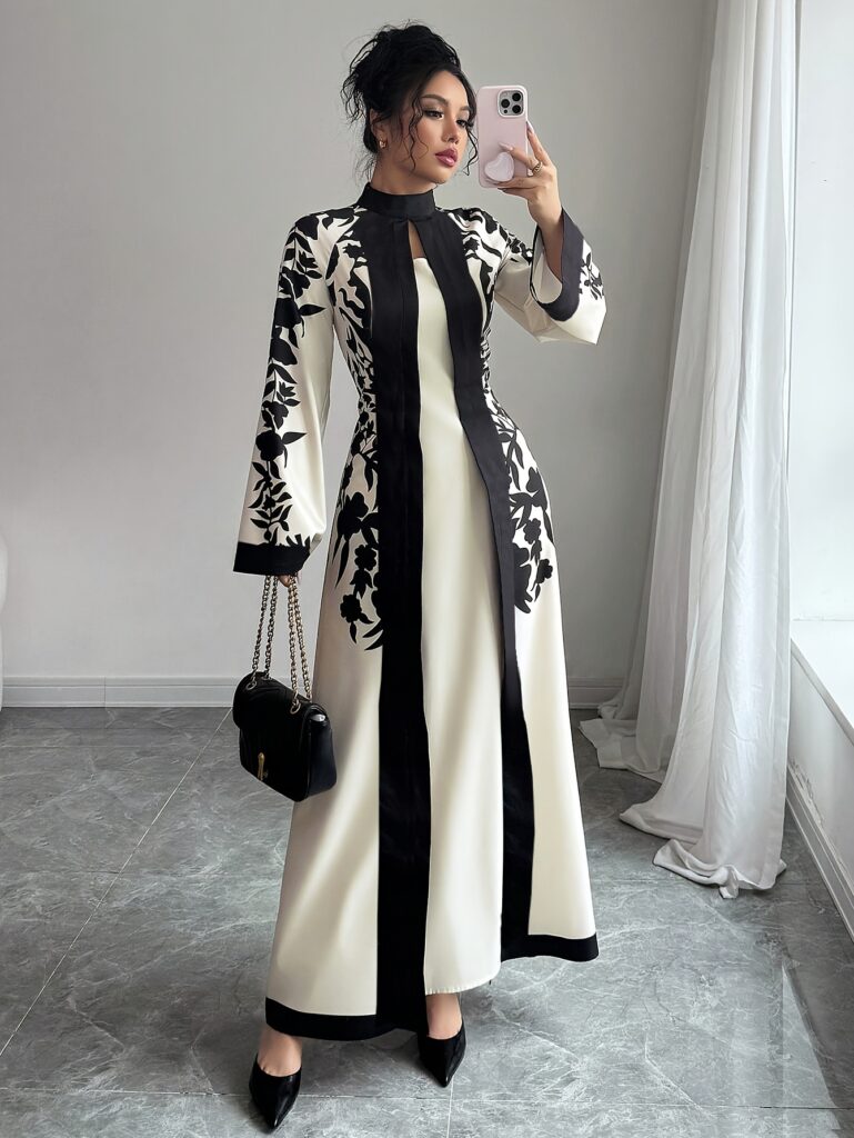 Effortlessly elegant Newness Casablanca Floral Print Maxi Dress in a chic two-tone design, perfect for fall and winter.