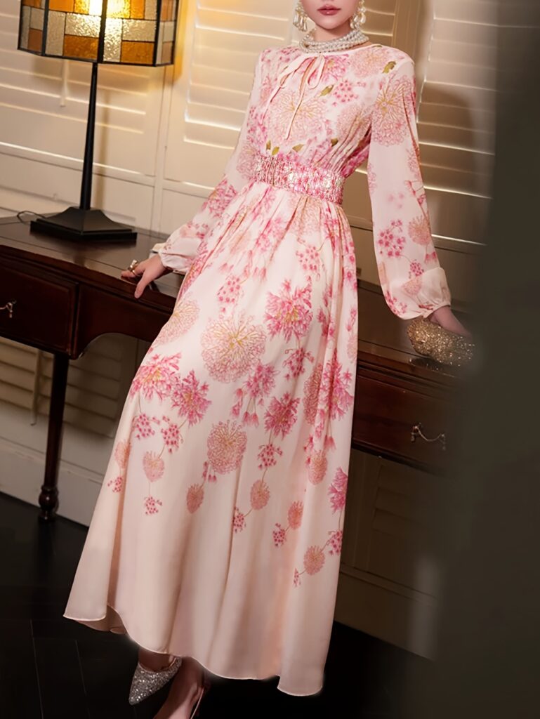 Effortlessly chic woman wearing a floral print Summer Breeze dress, perfect for summer vacations and casual outings.