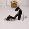 Newness Chic Houndstooth Block Heels with Bowknot Detail Stylish pointed toe sandals in a classic houndstooth pattern featuring a comfortable block heel and elegant bowknot accent
