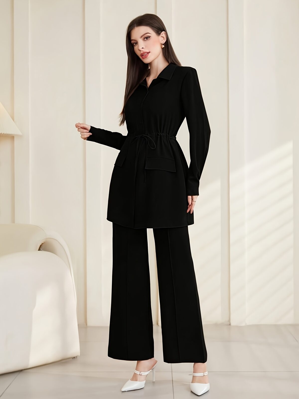 The Newness Minimalist Solid Color Set A sophisticated two piece outfit in a minimalist solid color perfect for spring and fall transitions Model showcases the versatile styling options