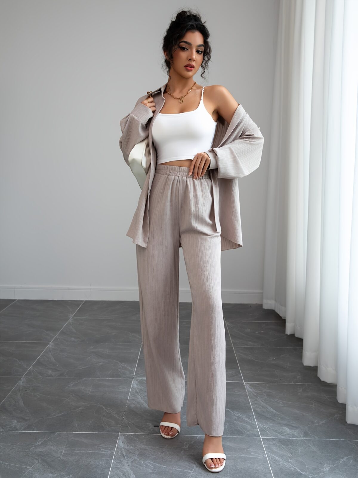Effortless Chic Relaxed Casual Set in premium polyester Model wearing a comfortable and stylish two piece outfit perfect for everyday wear