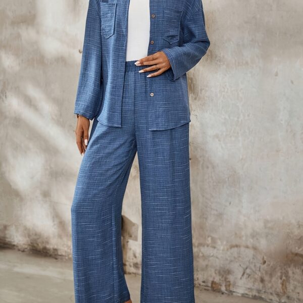 The Newness Dubai Chic Two Piece Pant Set in a flattering modern design perfect for spring or fall A stylish woman confidently wears the matching pants and top
