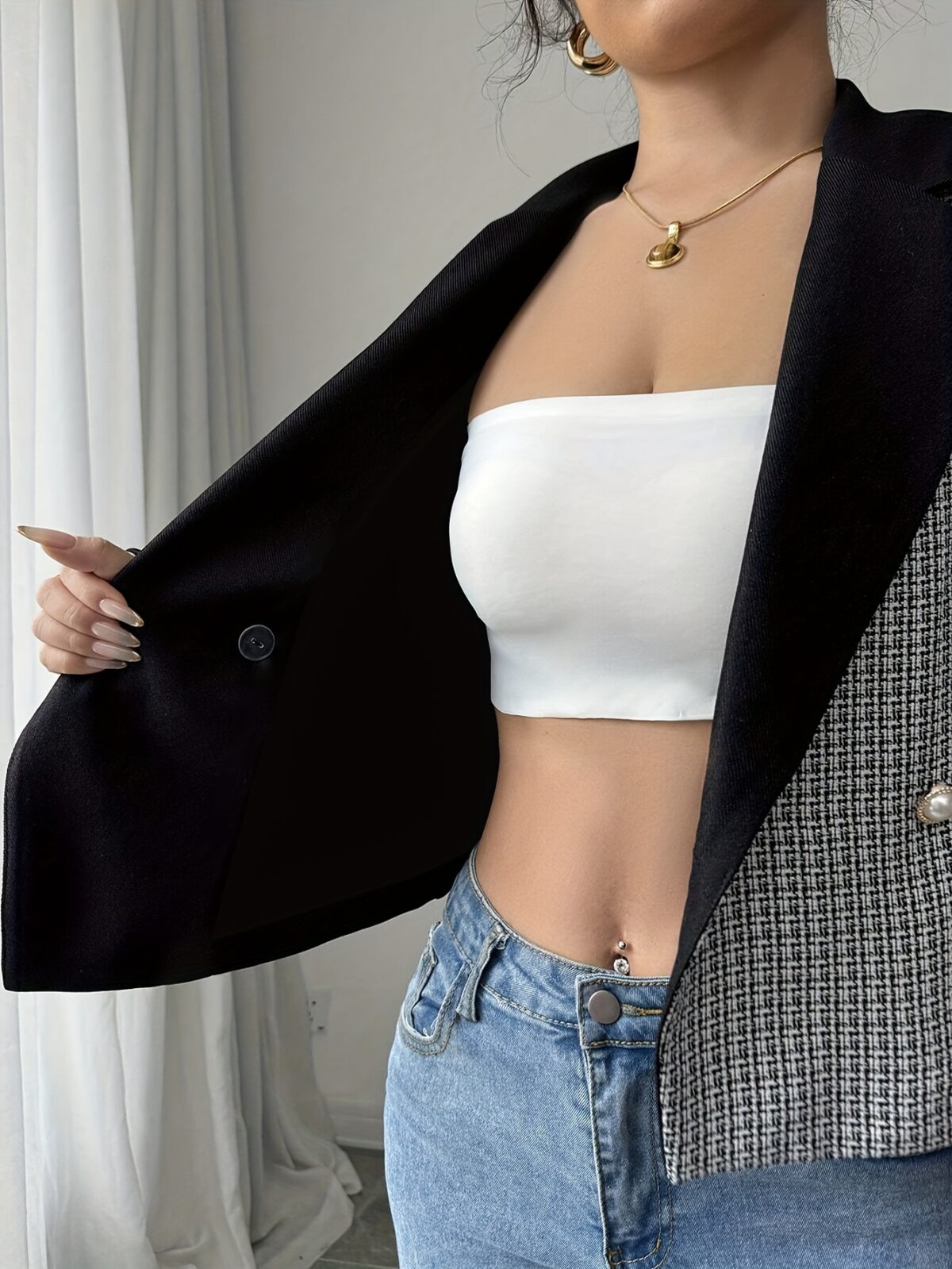 Womens Executive Chic Slim Fit Elegant Blazer in versatile color perfect for work or casual wear Close up showcasing the elegant design and slim fit