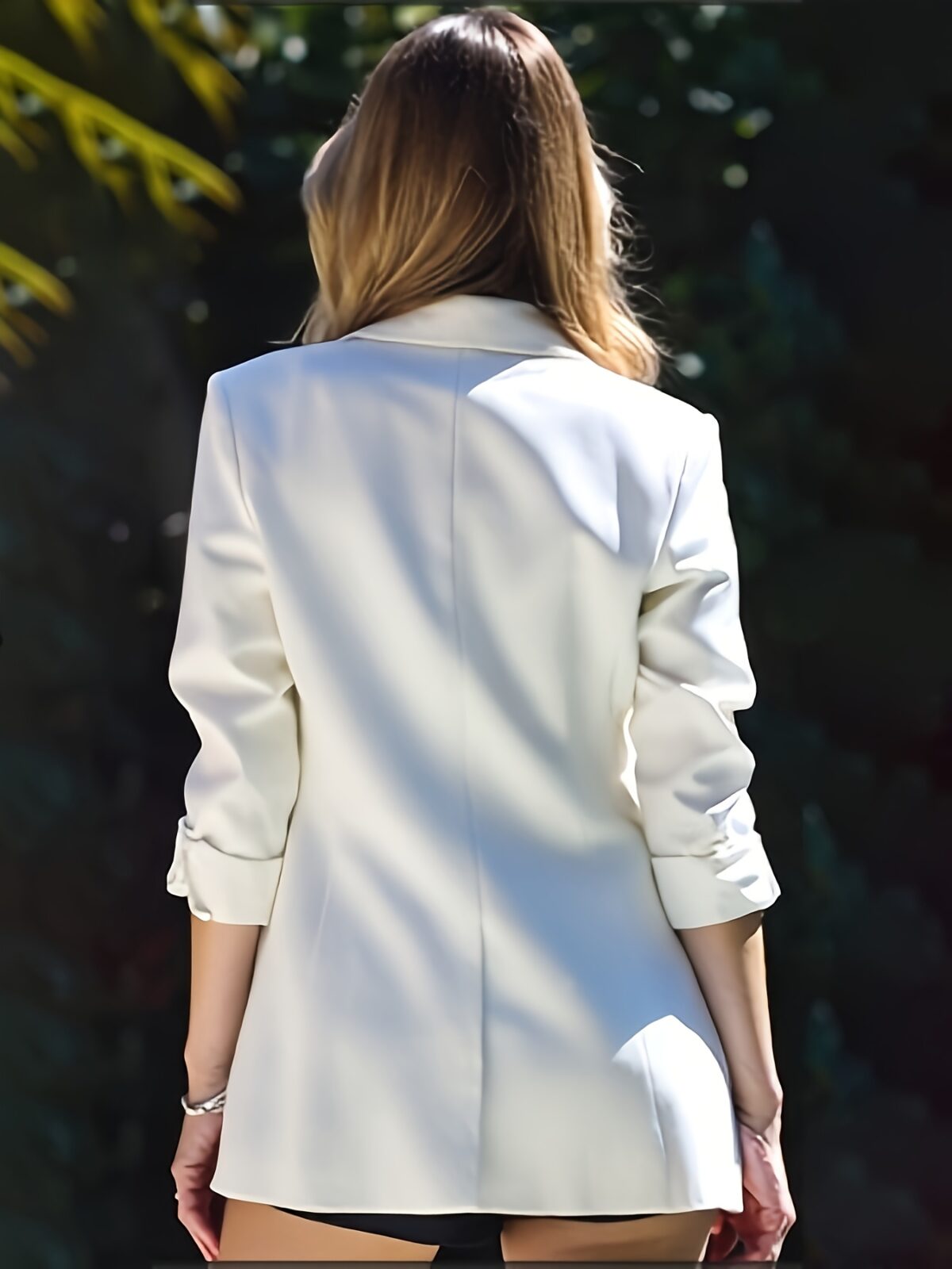 Summer Breeze Womens Satin Blazer in versatile style perfect for casual office or everyday wear Model showcasing the blazers smooth comfortable fit and sophisticated look