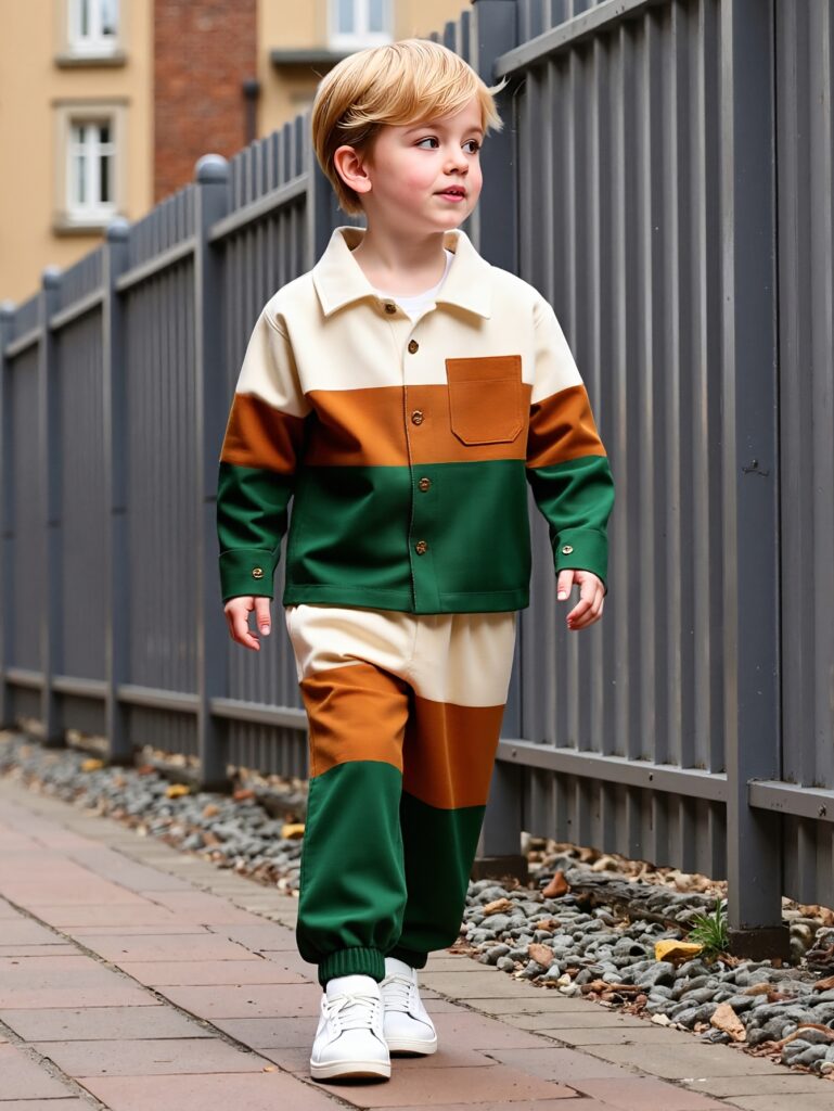 Stylish boys' color block set in soft, stretchy fabric, perfect for spring and autumn. Trendy and comfortable outfit for playtime or everyday wear.