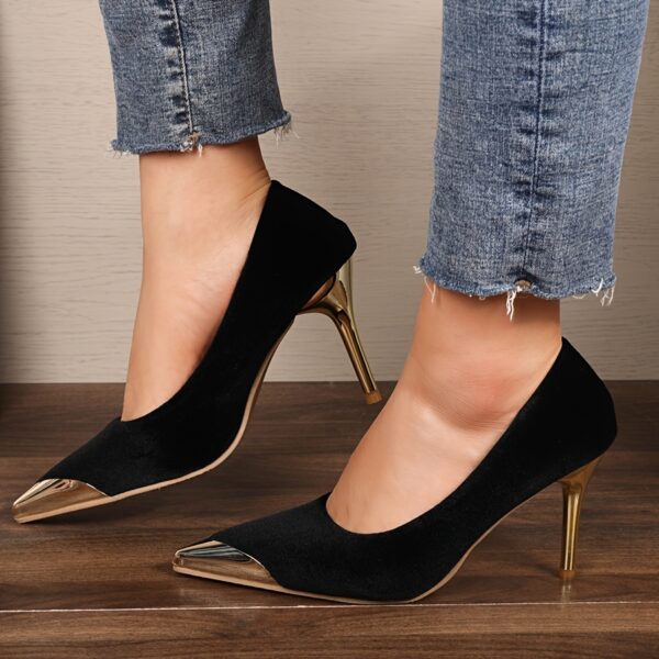 Newness Noir Nights Black Stiletto Heels Ultra high black stiletto heels with a sleek design and a golden accent heel perfect for special occasions