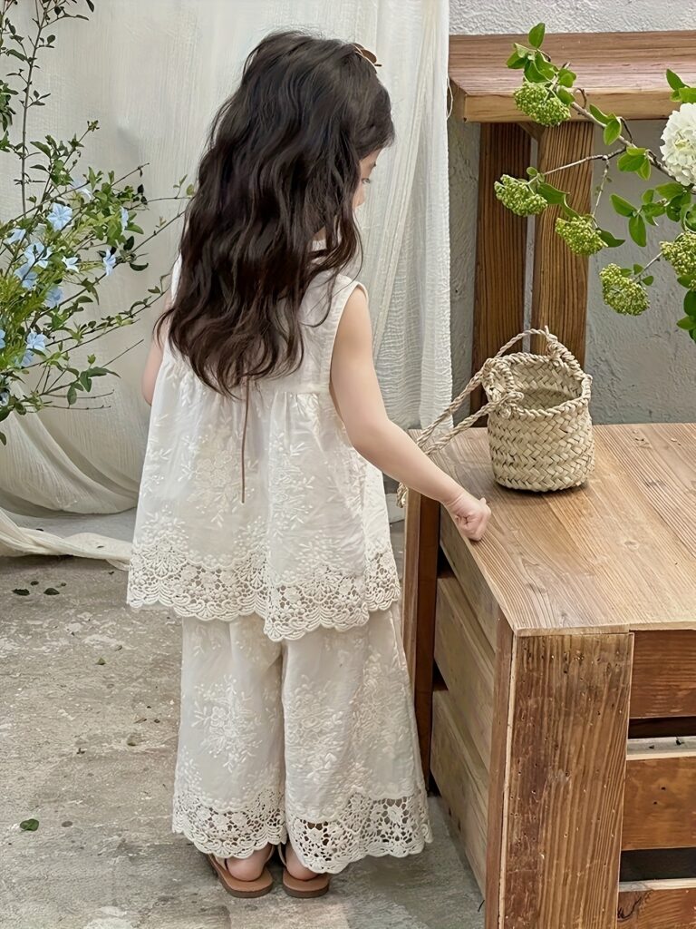 Adorable young girl wearing a whimsical embroidered cotton outfit, perfect for summer. Delicate embroidery details are visible. The outfit is comfortable and playful, ideal for summer outings and gifting.