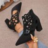 Newness Summer Breeze Hollow Block Heel Pumps Chic modern design in a nude color showcasing the stylish cut out detailing and comfortable block heel