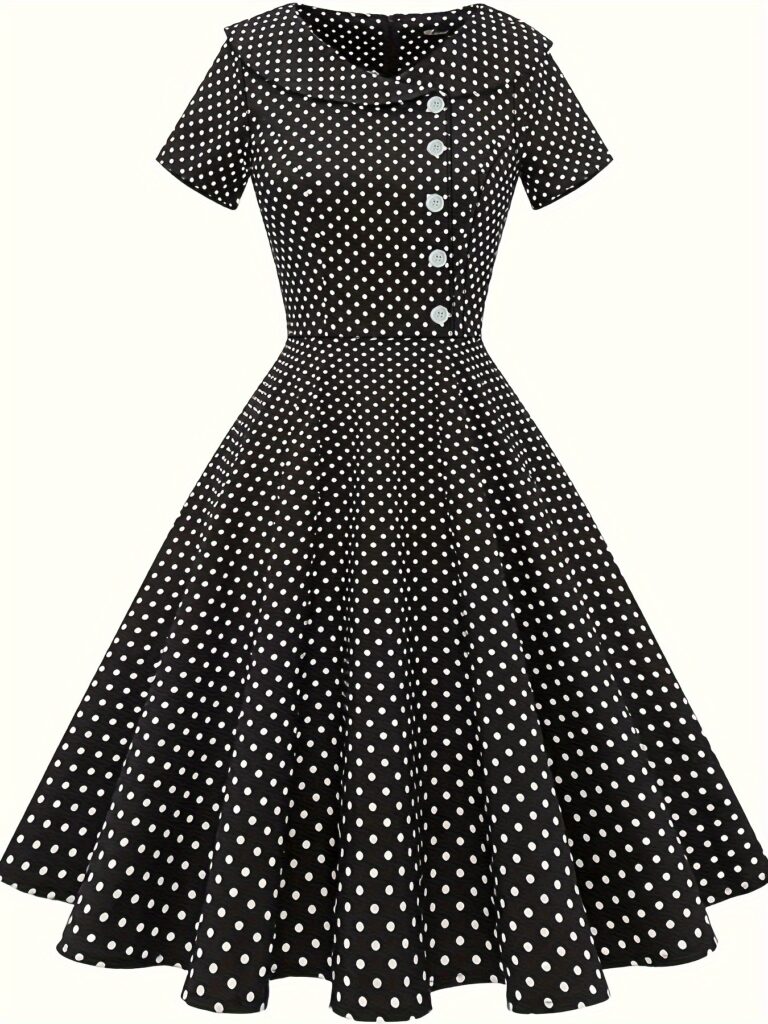 Flattering timeless polka dot A-line dress, perfect for spring and summer.
