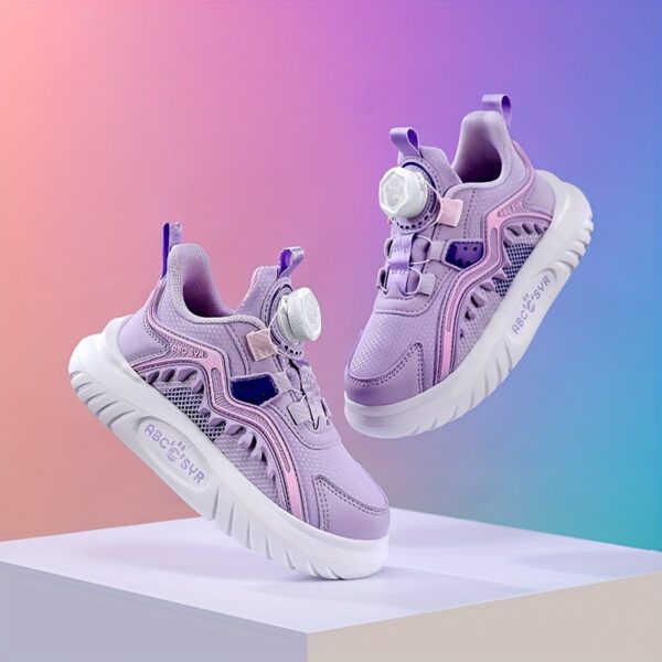 Pastel Pop Girls Low Top Sneakers showcasing the rotating buckle pastel purple and pink checkered and striped design and comfortable cushioned sole