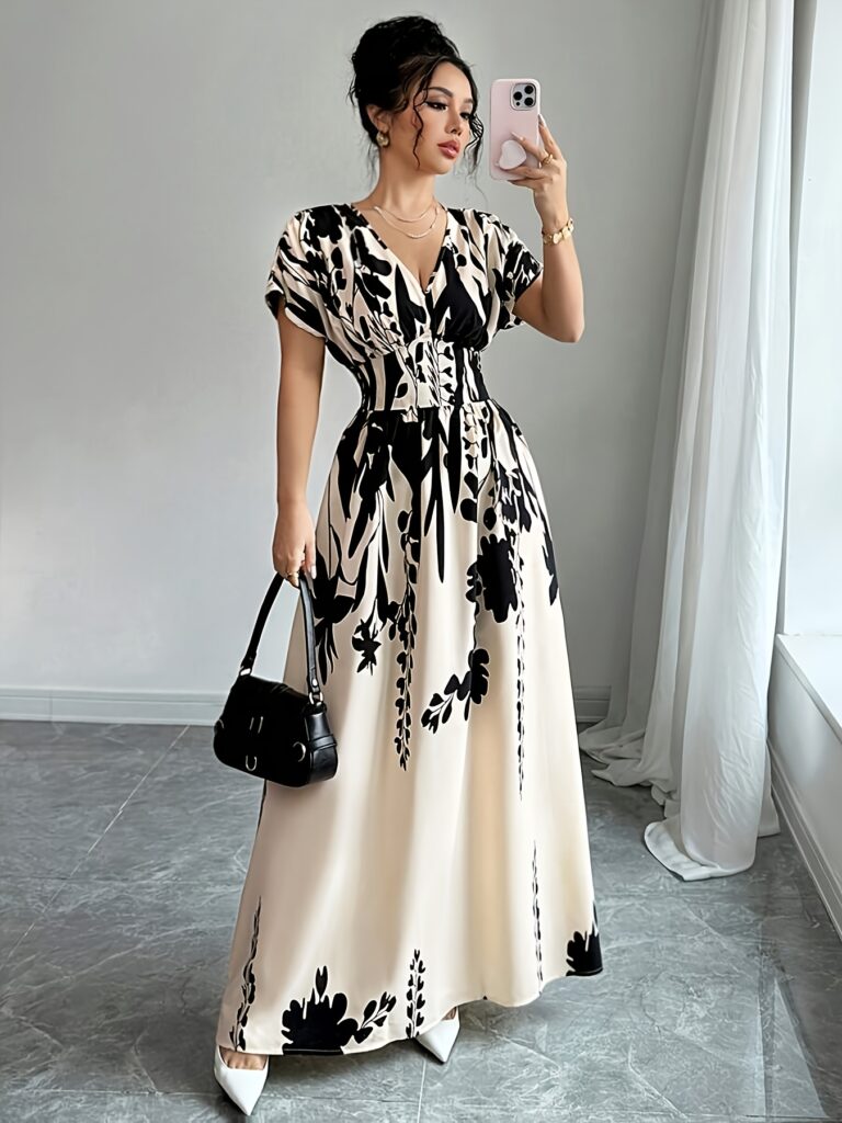 Model wearing the Newness Cairo Nights Geometric Print Dress, showcasing its elegant design and flattering silhouette.