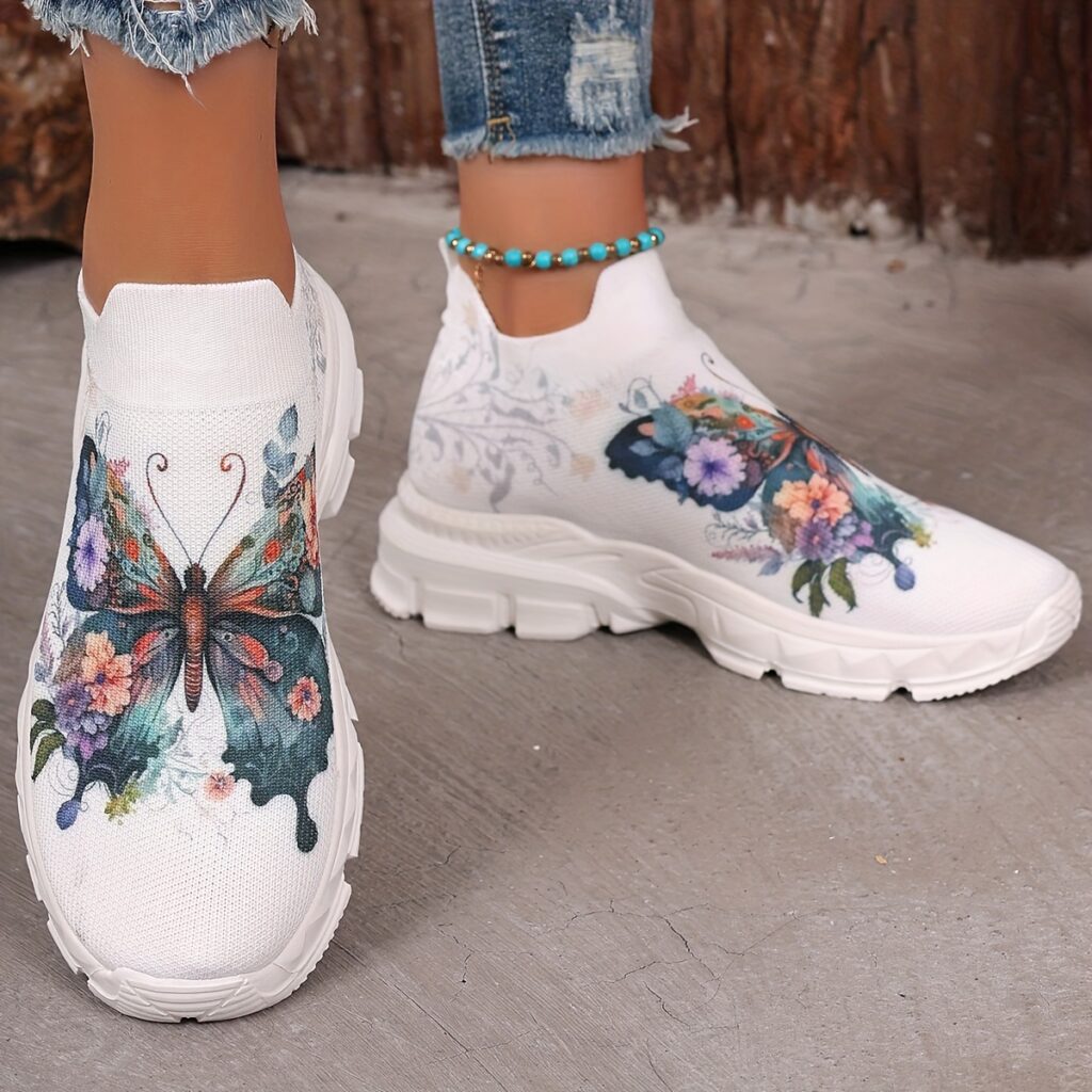 Newness Enchanted Bloom Floral Butterfly Sneakers: Lightweight, breathable sneakers adorned with a vibrant floral butterfly print, perfect for any occasion.
