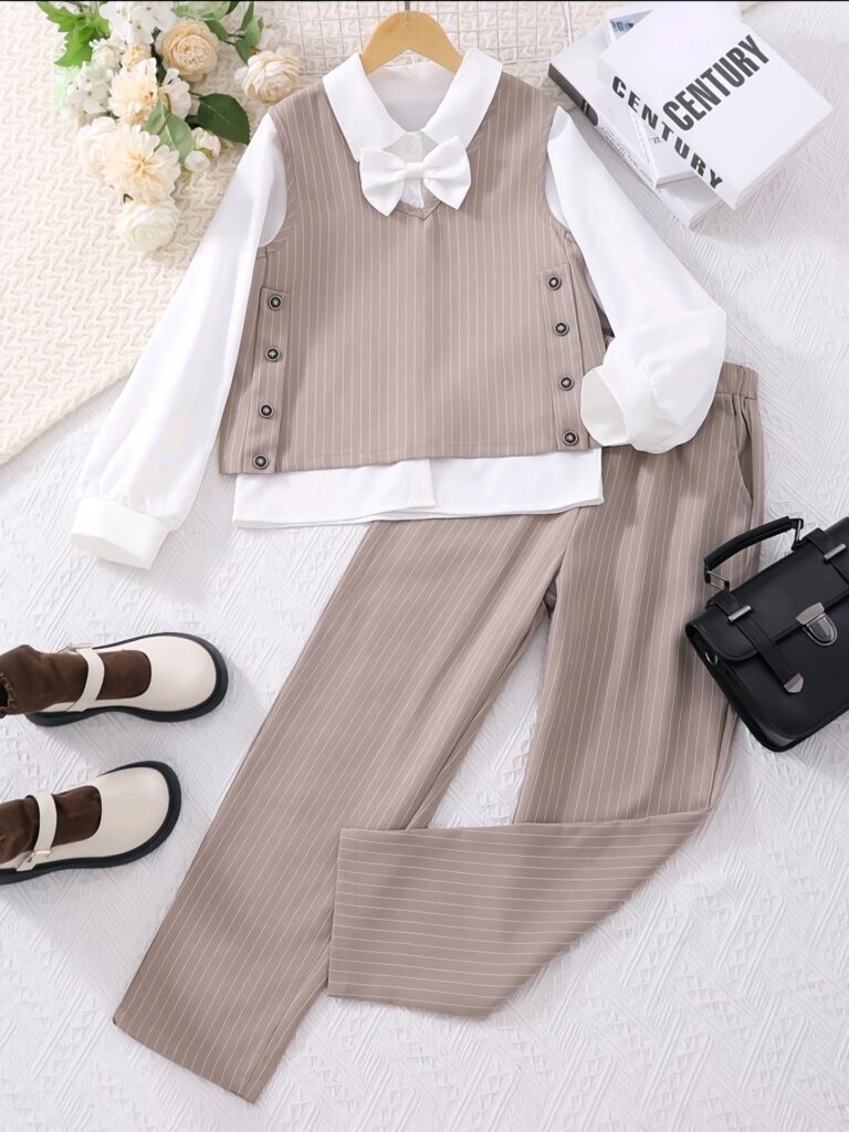 Teen girl modeling a stylish striped pants set, ideal for fall. The outfit is comfortable and chic.