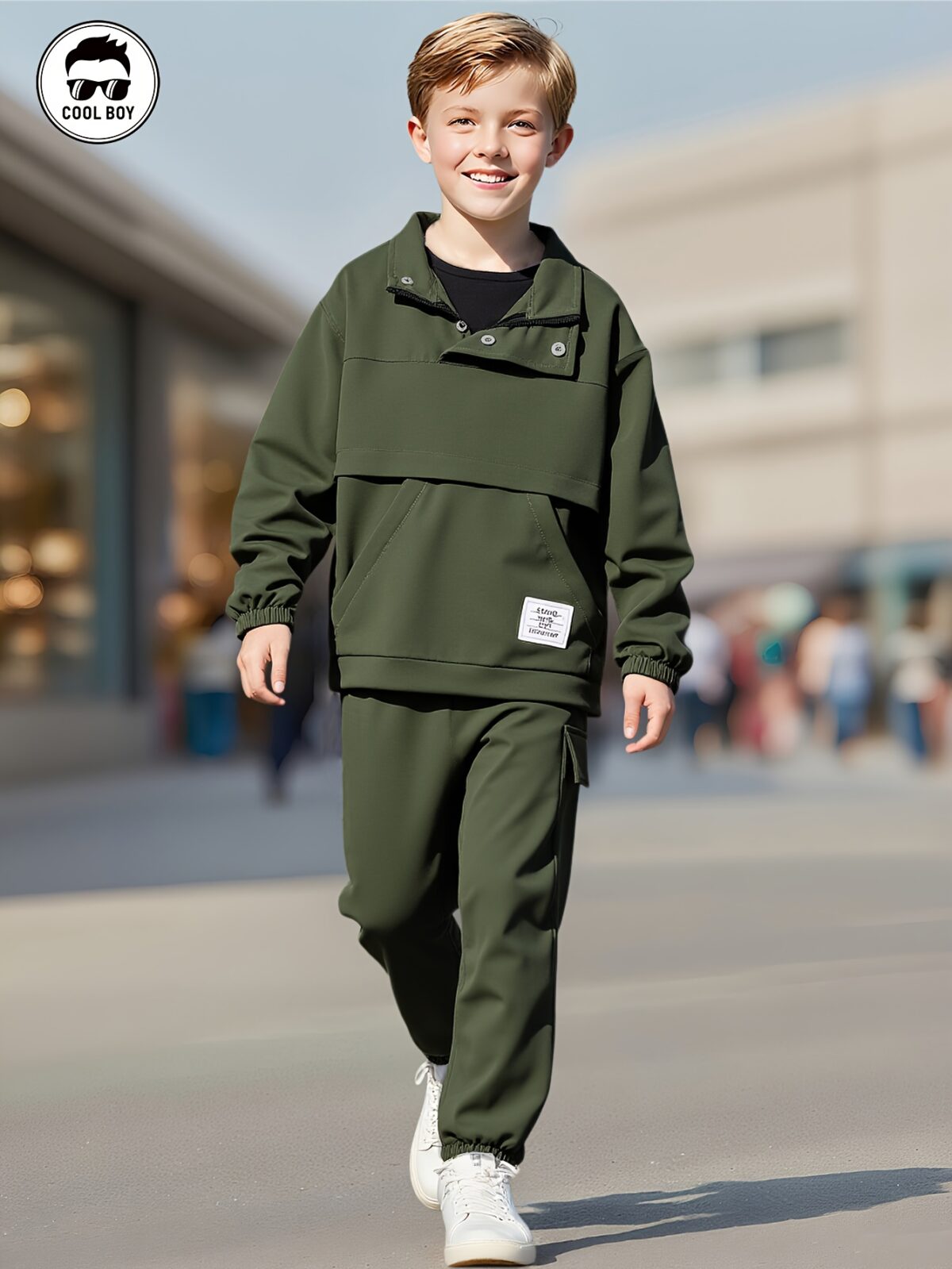 Stylish Spring Soldier Boys Military Set in olive green featuring a comfortable half zip top and elastic waistband pants Perfect for spring and autumn