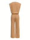 Model wearing the Newness Effortless Chic Sleeveless Wide Leg Set a stylish and comfortable two piece outfit featuring a sleeveless top and wide leg pants in luxurious polyester