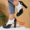 Elegant black lace up high heels with a block heel and ankle strap