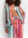 The Newness Riviera Striped Suit Set A chic spring outfit featuring a striped button up shirt and belted pants Perfect for any occasion