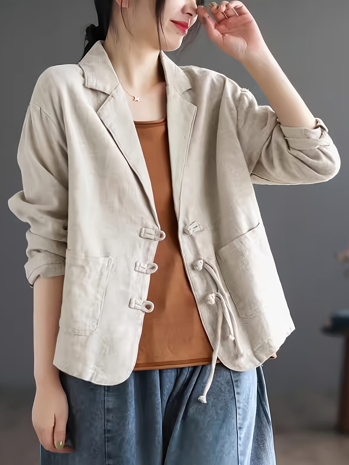 Stylish Desert Bloom womens beige blazer relaxed fit Asian inspired details perfect for office or casual wear