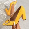 Newness Sunburst Crystal Buckle Heels Elevate your look with these chic and comfortable heels perfect for any occasion Featuring a dazzling sunburst crystal buckle
