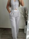 Effortless Chic Newness V Neck Vest and Pants Set in smooth polyester Perfect for any occasion