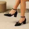 Newness Bow Detail Pointed Toe Pumps Chic wide width heels in black featuring a delicate bow mid block heel and durable rubber sole perfect for both casual and formal wear