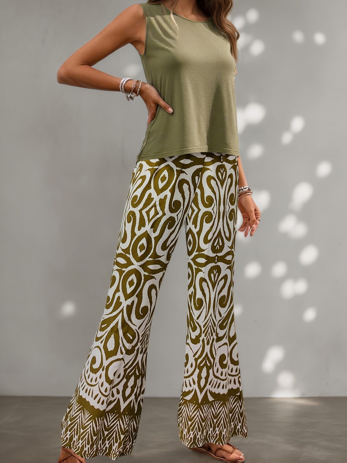 Effortlessly chic Oasis Escape Geometric Two Piece Set in a flattering silhouette perfect for a summer getaway Model wears a matching geometric print top and bottom