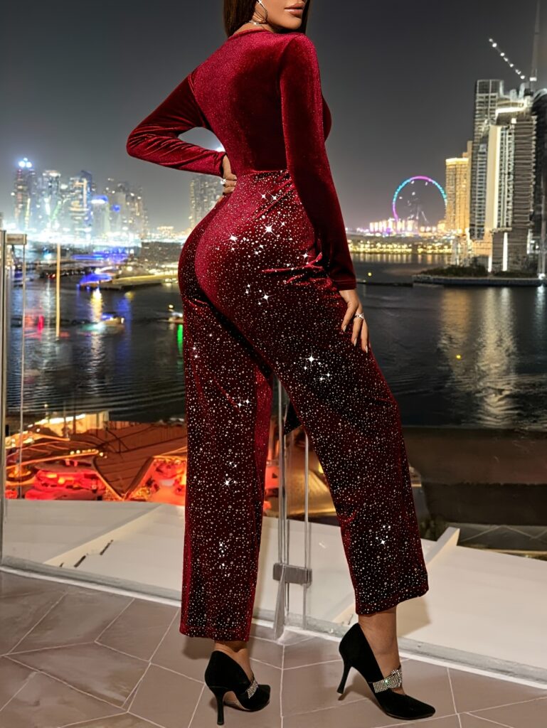 Crimson Chic Women's Elegant Red Velvet Jumpsuit. A stunning red velvet jumpsuit with a V-neck, long sleeves, and wide legs, perfect for Christmas, New Year's Eve, Valentine's Day, or any special occasion.