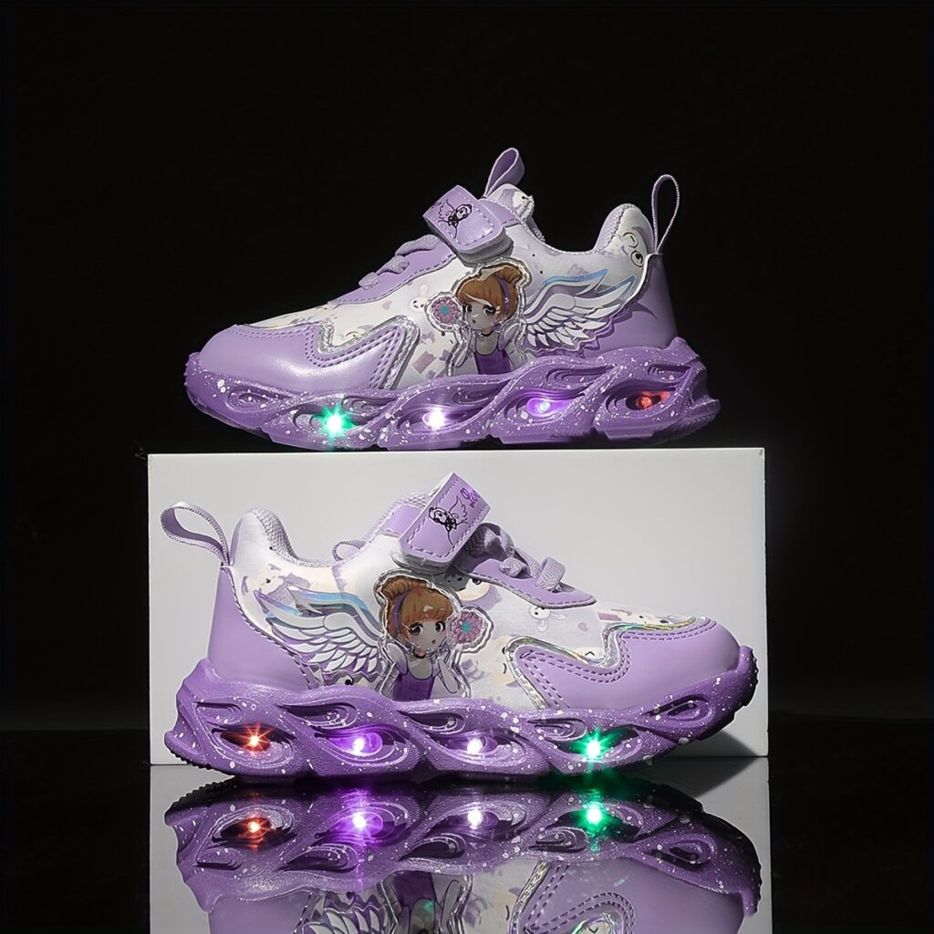 Girls' pastel purple and pink LED light-up sneakers with a cartoon bear and star design. Hook and loop closure.