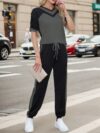 Stylish Cairo Color Block Pants Set by Newness A chic modern two piece outfit in a vibrant color block design