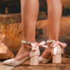 Newness Blushing Bride Lace Block Heels Elevate your wedding look with these chic lace block heels featuring a delicate bow and pointed toe
