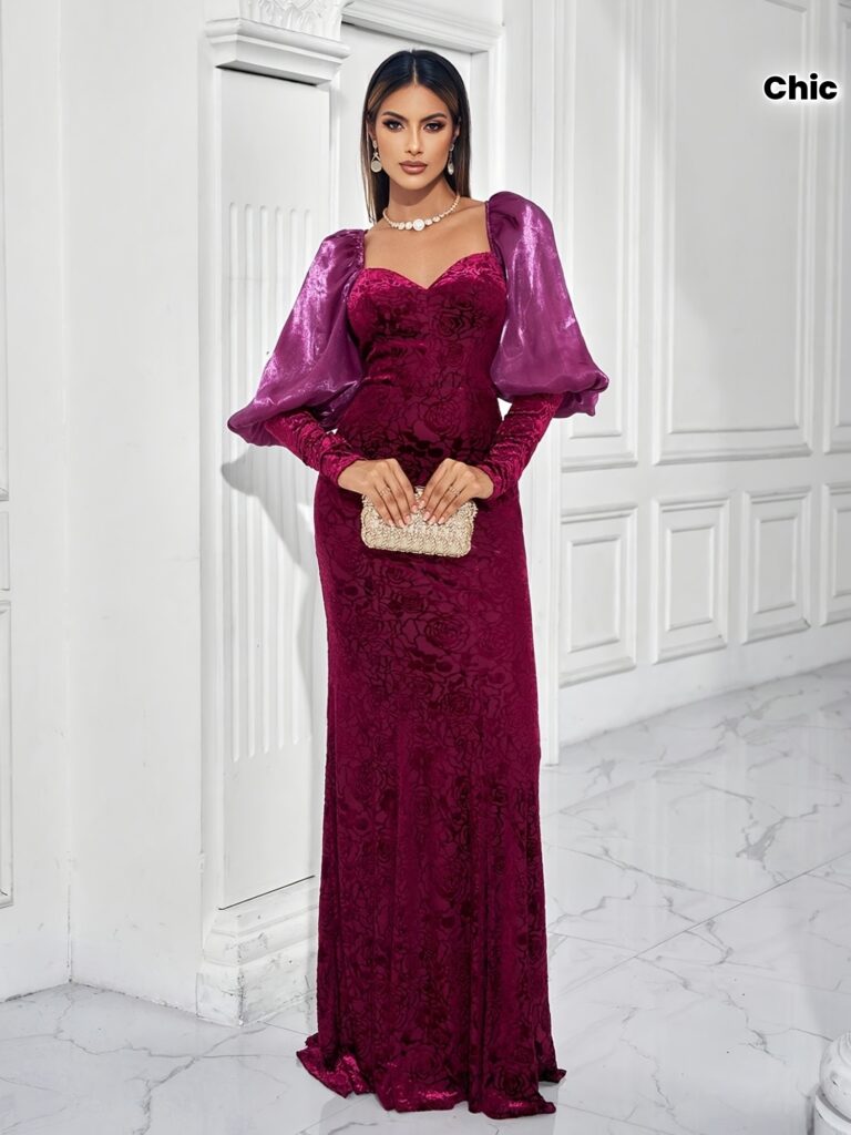 Crimson Elegance Sexy Bodycon Bridesmaid Dress in rich crimson, featuring a sweetheart neckline, long lantern sleeves, and a figure-flattering silhouette. Perfect for a modern wedding.